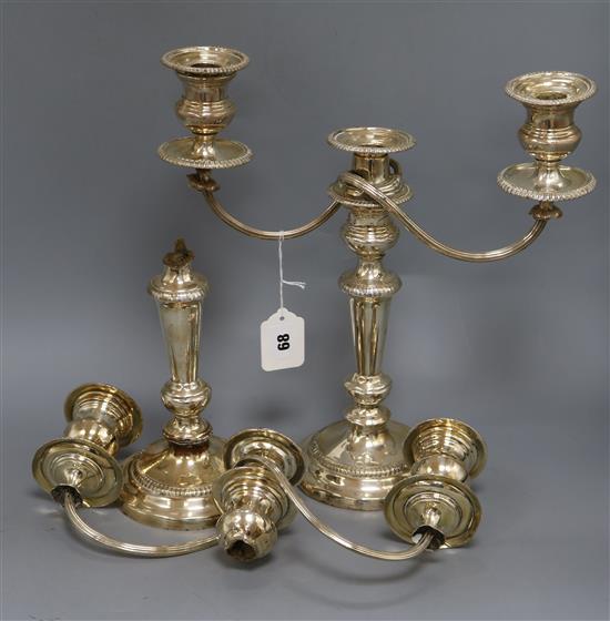 A pair of silver plated two branch three light candelabra, one (a.f), 35.2cm.